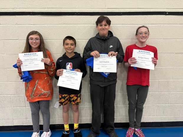 Mid Valley Elementary Center's Outstanding Spartans for April in fourth through sixth grades, from left: Amber Napolitan, fourth grade; Conor O'Brien, fifth grade; Jack Cheplick, sixth grade, and Bridget Swarts, sixth grade. (Submitted)