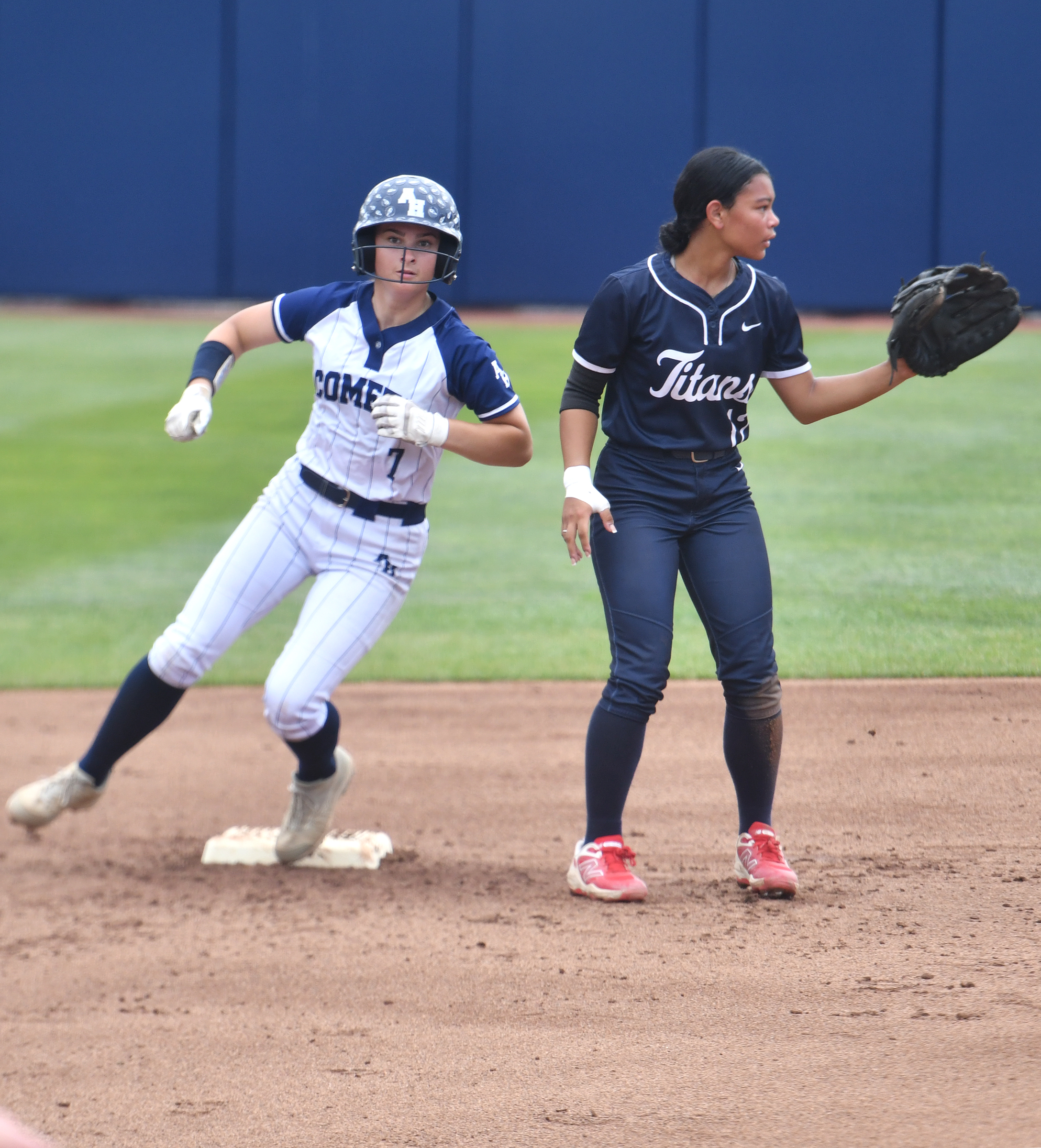 Abington Heights’ Isabella Deriggi lands on second base as Shaler’s...