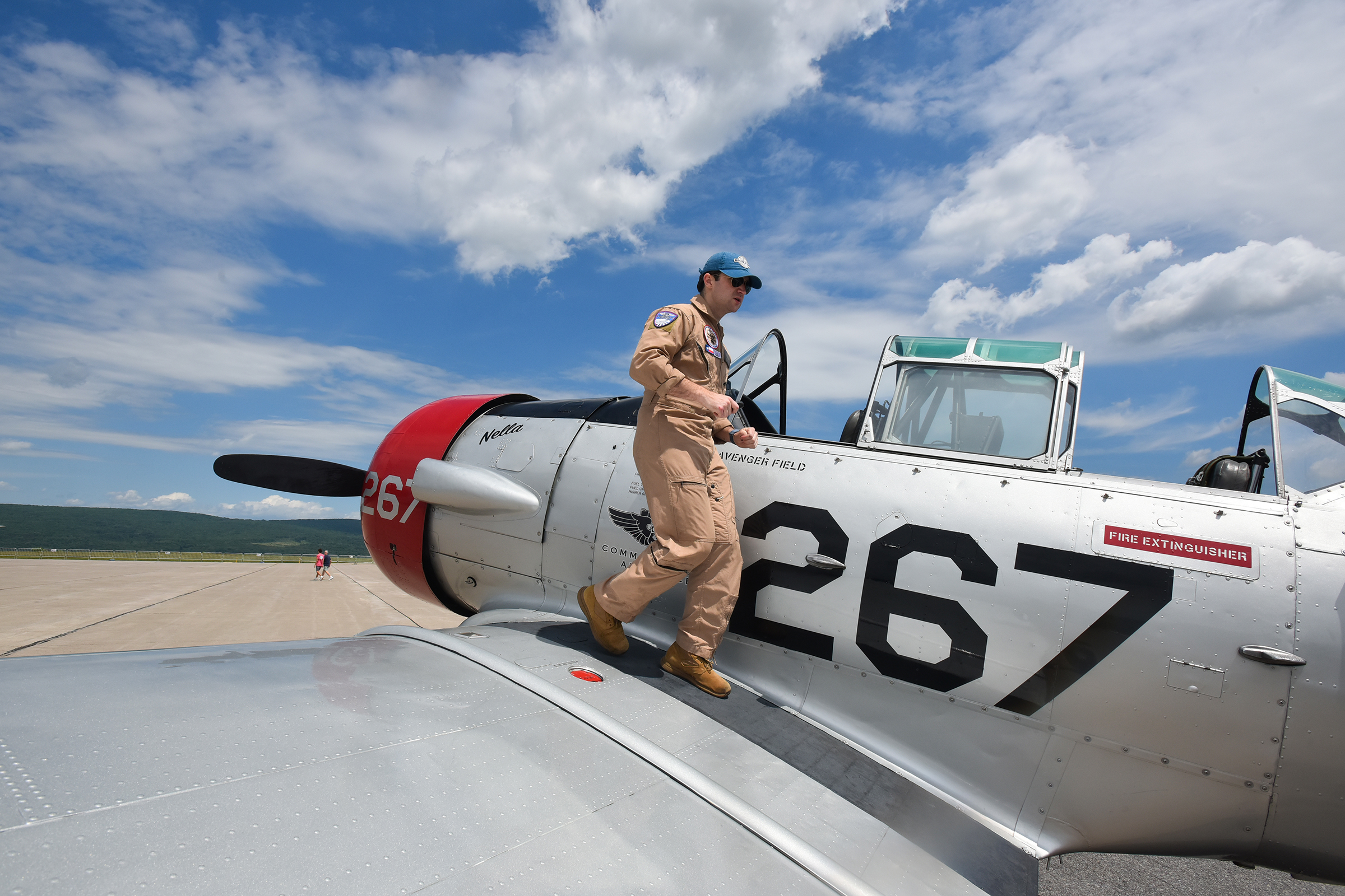 Pilot with the Commemorative Air Force Alex Beckett prepares to...