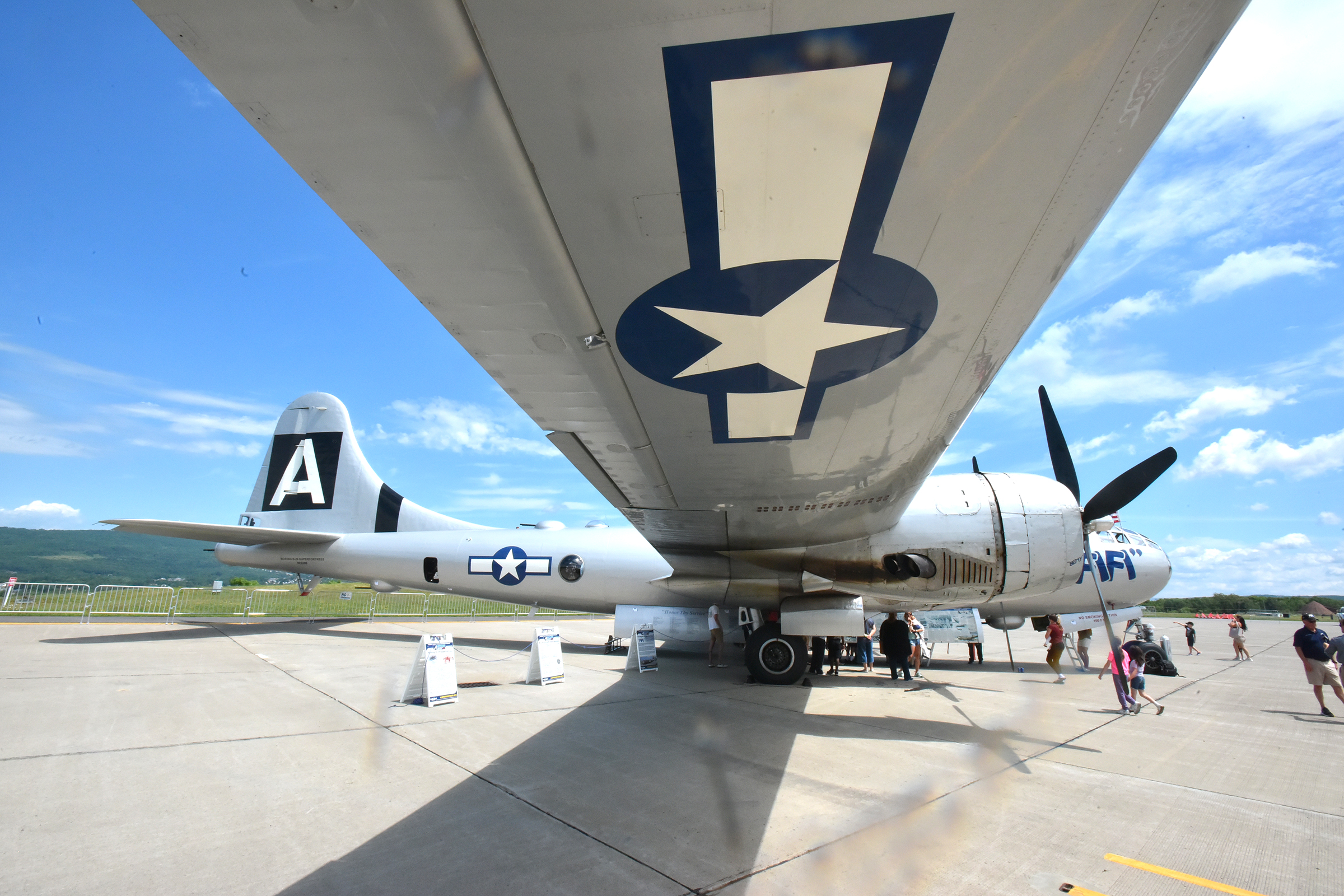 The Boeing B-29 Superfortress heavy bomber plane sits at the...