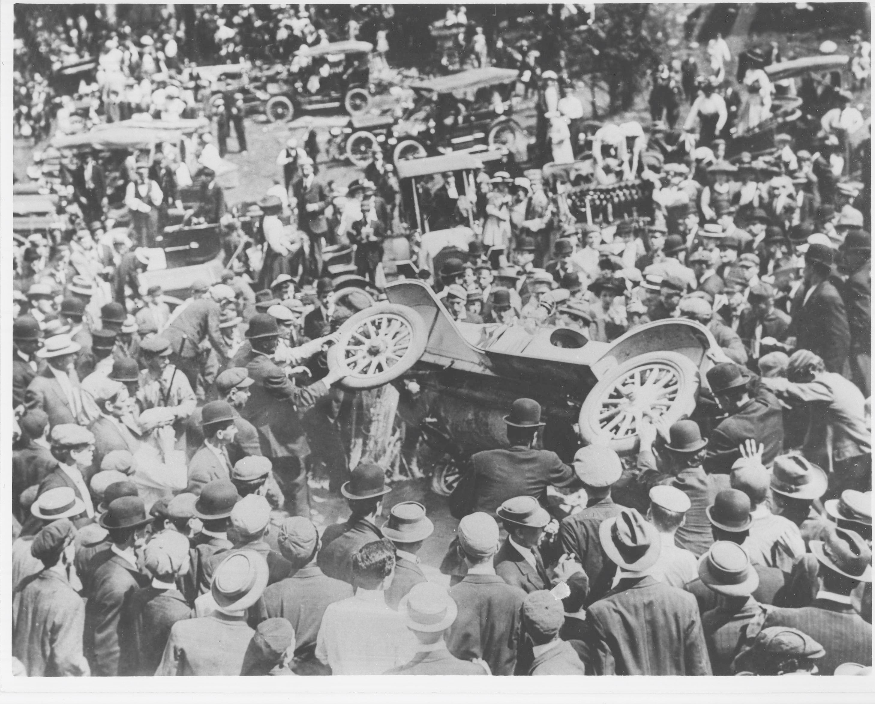 Louis Chevrolet’s overturned Buick at Devil’s Elbow, a notorious section...