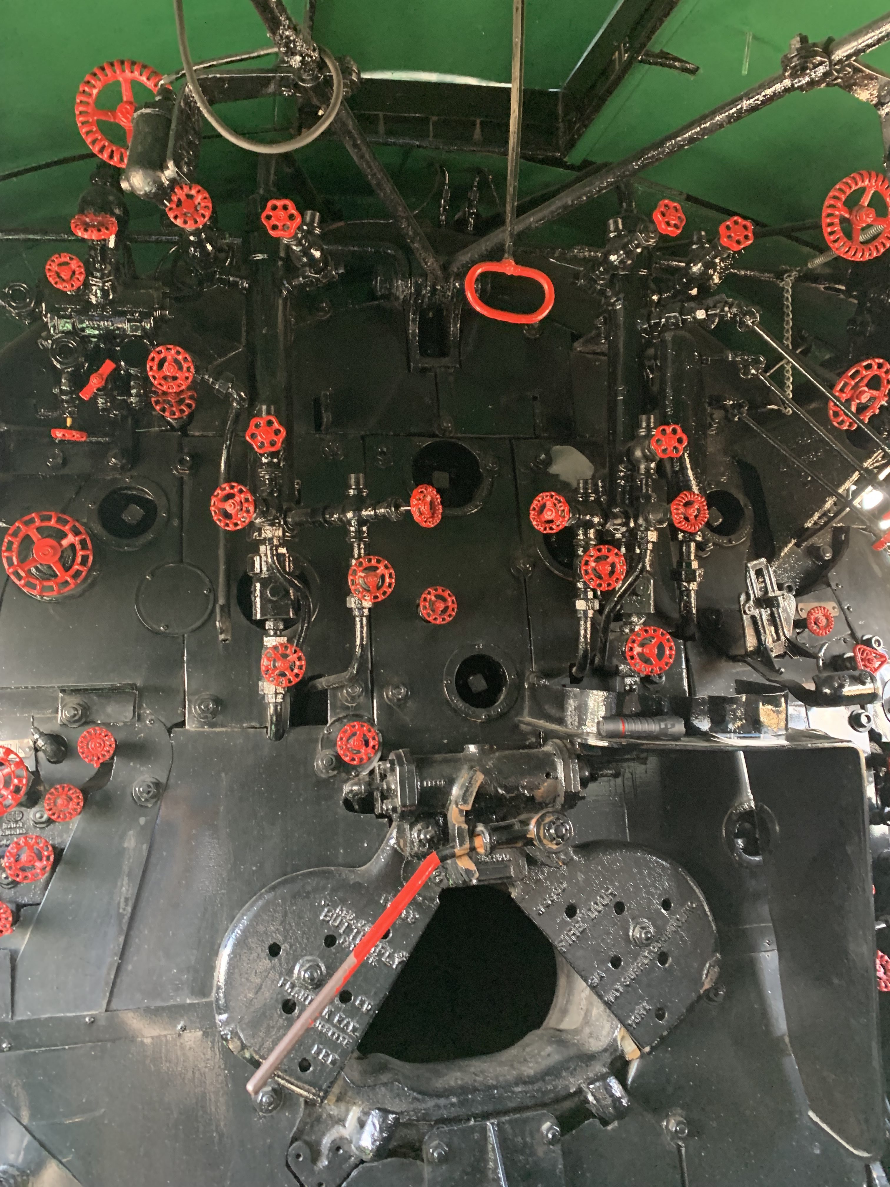 The cab and controls inside Big Boy 4012 locomotive on...