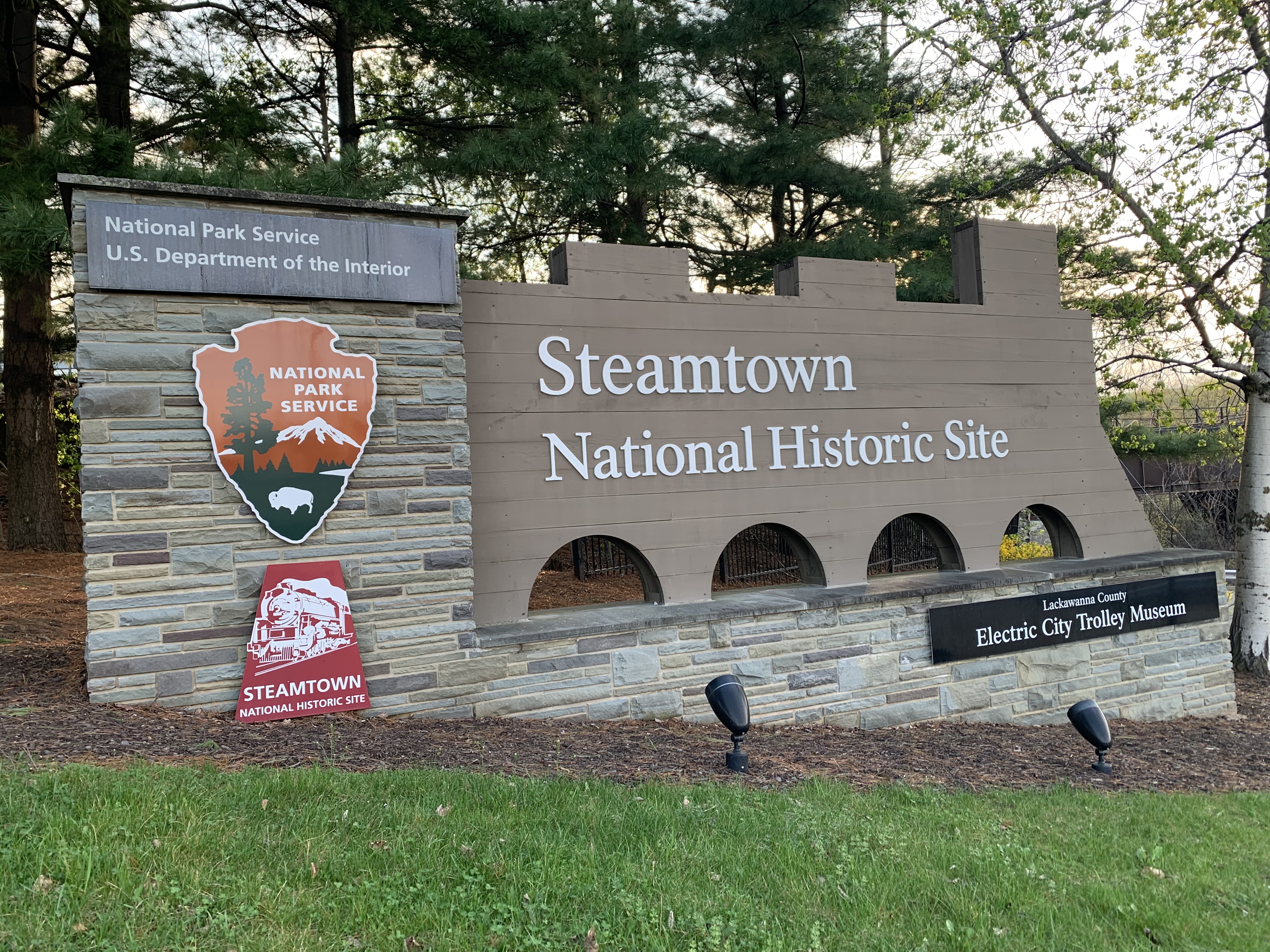 The entrance sign at Steamtown National Historic Site in Scranton...