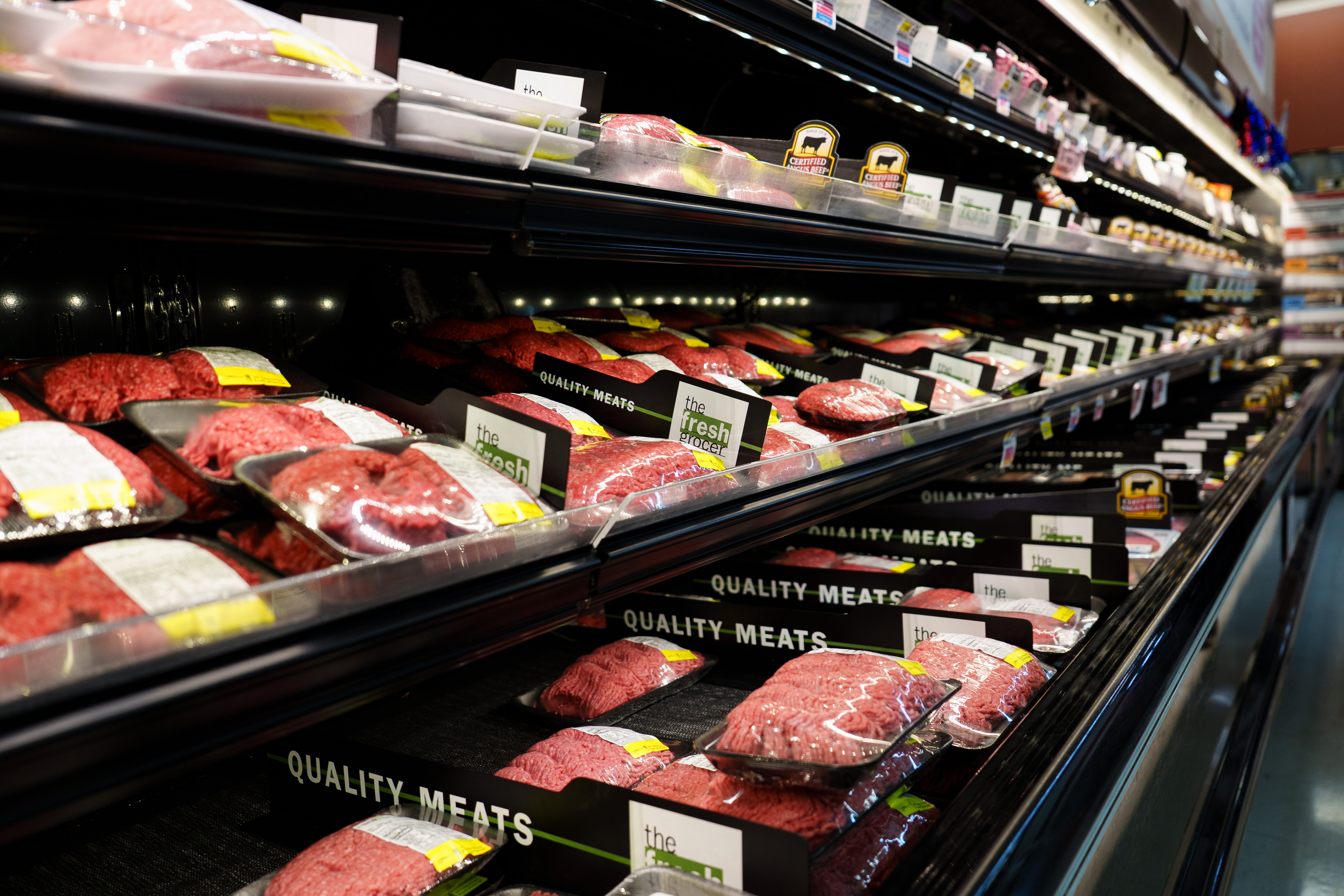 Packages of ground beef are displayed at Gerrity’s the Fresh...