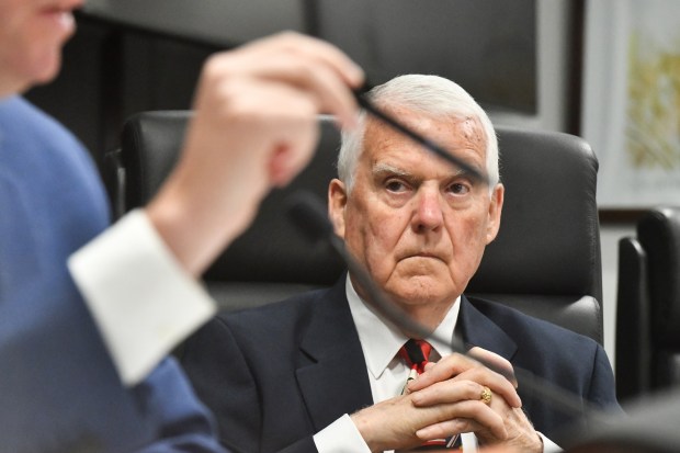 Lackawanna County Commissioner Thom Welby listens to Commissioner Bill Gaughan speak in reference to data centers during the commissioners meeting in the county government center in Scranton Wednesday, June 3, 2026. (SEAN MCKEAG / STAFF PHOTOGRAPHER)