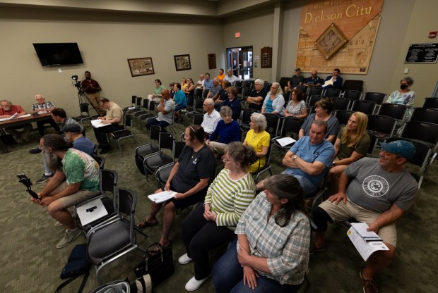 About three dozen residents attended a zoning hearing in the Dickson City Borough Building to as the zoning hearing board considers special exceptions for three natural gas power plants on Wednesday, June 10, 2026. (FRANK WILKES LESNEFSKY / STAFF PHOTO)