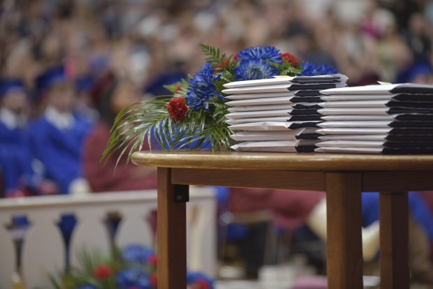 Diplomas are stacked at Dunmore High School on Wednesday, June 10, 2026. (CHAD SEBRING/STAFF PHOTO)