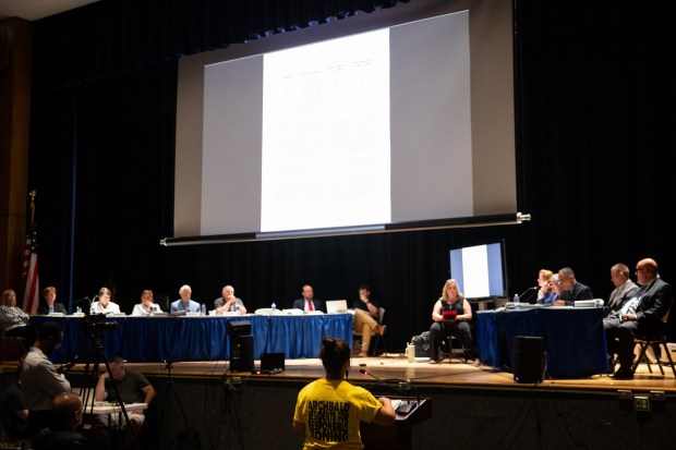 Stop Archbald Data Centers co-founder Tamara Misewicz-Healey cross-examines a data center representative during a conditional use hearing at the Valley View High School auditorium in Archbald on Thursday, June 18, 2026. (FRANK WILKES LESNEFSKY / STAFF PHOTO)