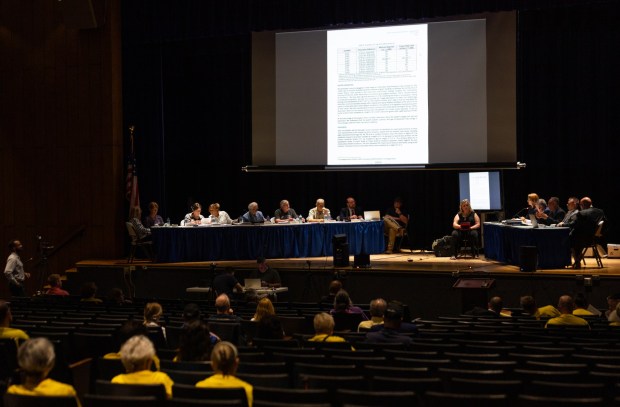 Residents gather for a conditional use hearing on the proposed Project Green Mountain data center campus at the Valley View High School auditorium in Archbald on Thursday, June 18, 2026. (FRANK WILKES LESNEFSKY / STAFF PHOTO)