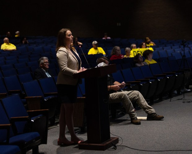 Attorney Brett C. Flower, Archbald's special counsel, questions Project Green Mountain representatives during a conditional use hearing at the Valley View High School auditorium in Archbald on Thursday, June 18, 2026. (FRANK WILKES LESNEFSKY / STAFF PHOTO)