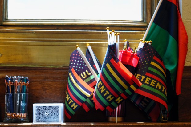 Merchandise is displayed during a Juneteenth open house hosted at the Black Scranton Project Center for Arts & Culture in Scranton, Pa., on Friday, June 19, 2026. (ISAAC DIAZ/STAFF PHOTO)