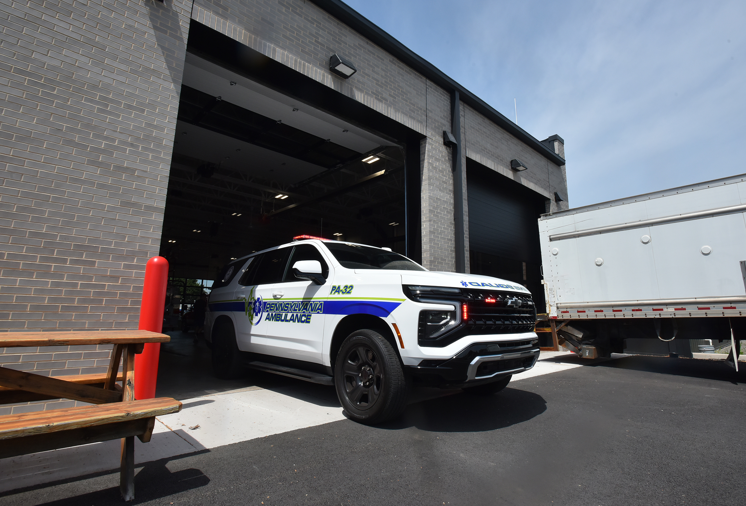 A Pennsylvania Ambulance vehicle answers a call at the Greenwood...