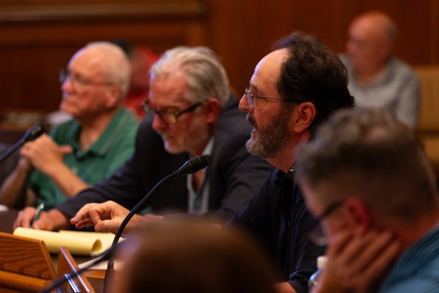 Olyphant council President Jimmy Baldan discusses data centers during a council meeting in the Municipal Building in Olyphant on Tuesday, June 9, 2026. (FRANK WILKES LESNEFSKY / STAFF PHOTO)
