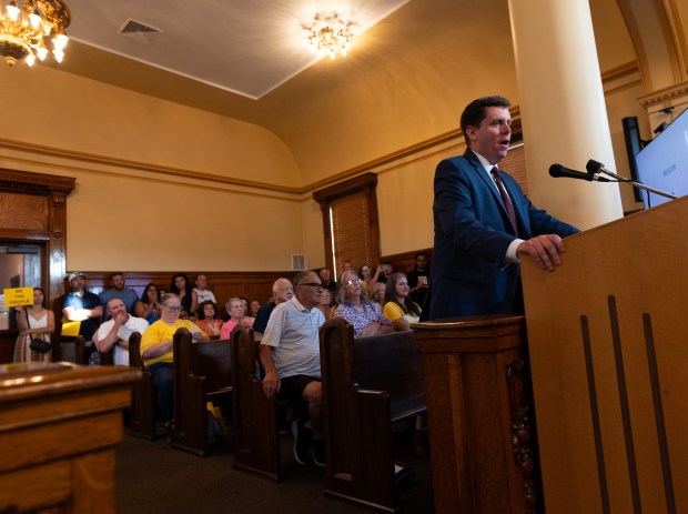 Lackawanna County Commissioner Bill Gaughan stressed the cumulative affects of data centers during an Olyphant council meeting in the Municipal Building in Olyphant on Tuesday, June 9, 2026. (FRANK WILKES LESNEFSKY / STAFF PHOTO)