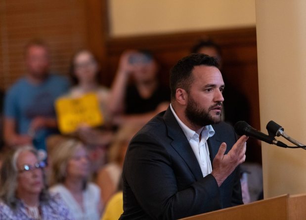 Clarks Summit resident Jeffrey Lake, who unsuccessfully challenged state Sen. Marty Flynn in last month's Democratic primary for the 22nd Senate District seat, speaks during an Olyphant council meeting in the Municipal Building in Olyphant on Tuesday, June 9, 2026. (FRANK WILKES LESNEFSKY / STAFF PHOTO)