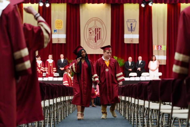 Graduates process to their seats as the Scranton High School commencement ceremony begins in Scranton, Pa., on Tuesday, June 9, 2026. (ISAAC DIAZ/STAFF PHOTO)