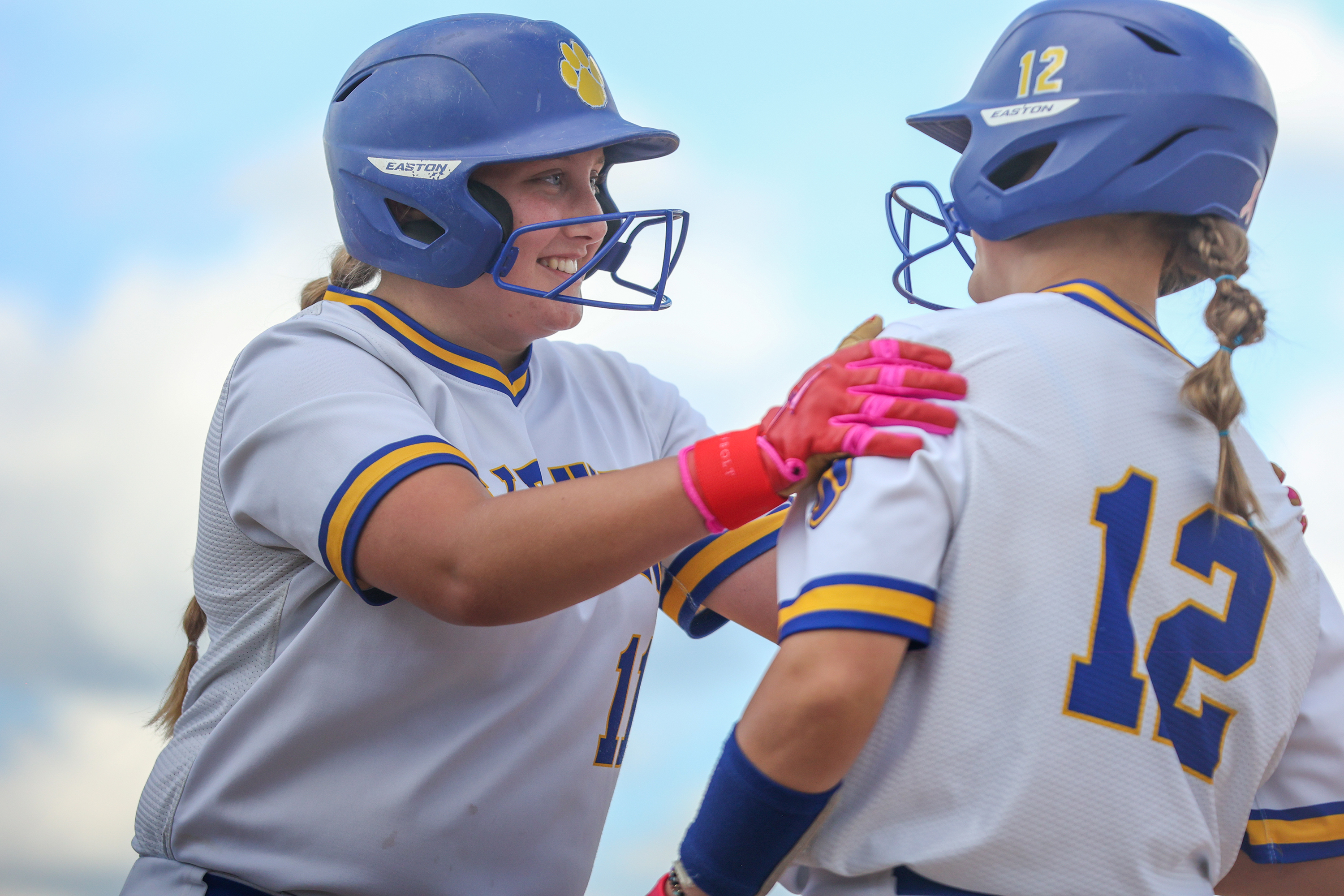 Valley View’s Maggie Hallett (11) smiles at Zoie Krupovich (12)...