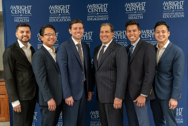The Wright Center for Graduate Medical Education acknowledged the first graduating class from the Physical Medicine and Rehabilitation Residency Program on Saturday at the Hilton Scranton and Conference Center. Members of the class include, from left, Drs. Aliy Mirza Ahmed, Kevin Nguyen, Bradley Bierman, program Director Kenneth Gentilezza, Abhinav Arora and Alan Trung Lam. (SUBMITTED)