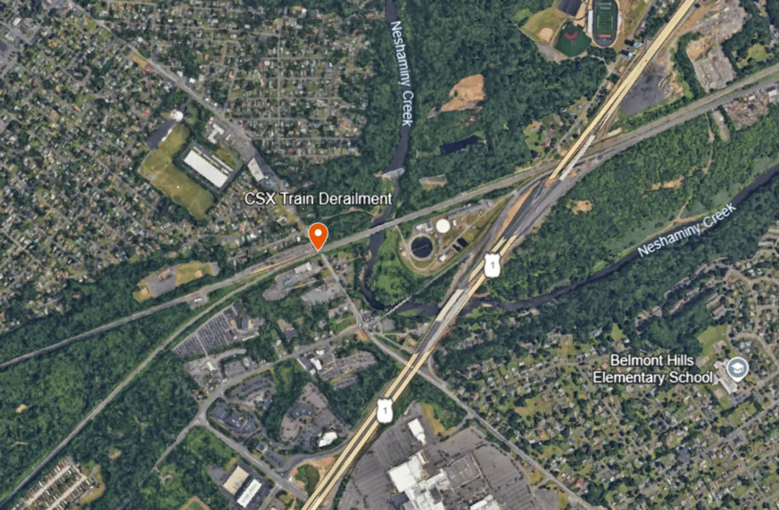 A screenshot of the location of the CSX train derailment in Trevose, Pennsylvania.