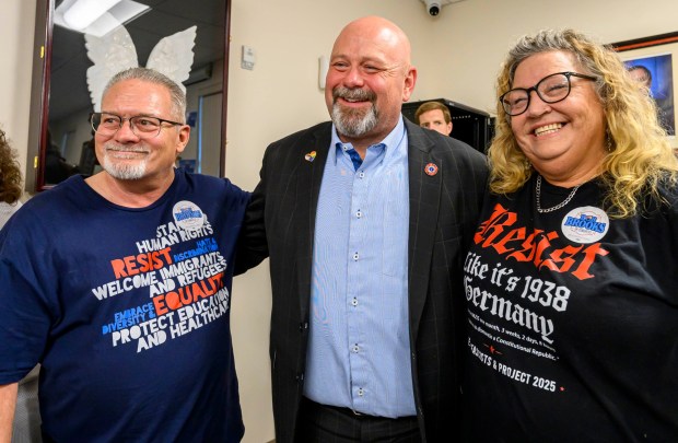 David Christian of Allentown and April Hunter of Bethlehem meet Bob Brooks after he spoke Wednesday, June 3, 2026, in Whitehall Township during a general election kickoff event for his congressional campaign. Brooks, a Democrat and former Bethlehem firefighter, is challenging Republican Rep. Ryan Mackenzie to represent the Lehigh Valley's 7th District. (April Gamiz/The Morning Call)