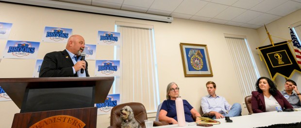 Bob Brooks speaks Wednesday, June 3, 2026, in Whitehall Township during a general election kickoff event for his congressional campaign. Brooks, a Democrat and former Bethlehem firefighter, is challenging Republican Rep. Ryan Mackenzie to represent the Lehigh Valley's 7th District. (April Gamiz/The Morning Call)