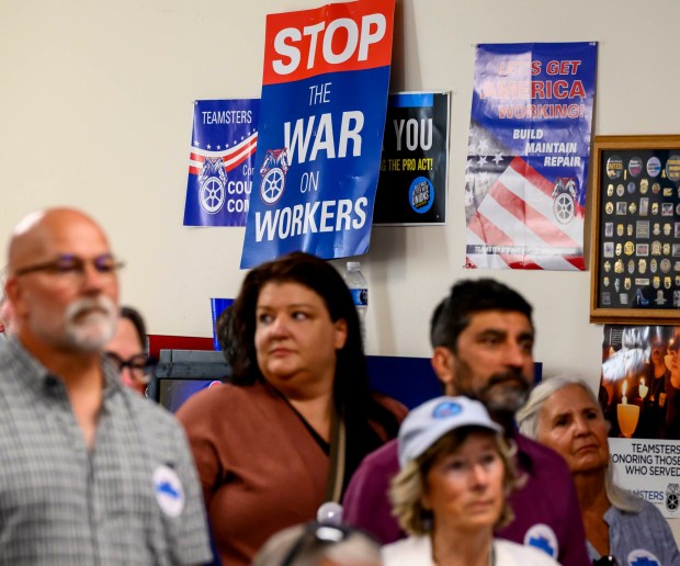 People listen to speakers Wednesday, June 3, 2026, during a general election kickoff event in Whitehall Township for Bob Brooks' congressional campaign. Brooks, a Democrat and former Bethlehem firefighter, is challenging Republican Rep. Ryan Mackenzie to represent the Lehigh Valley's 7th District. (April Gamiz/The Morning Call)