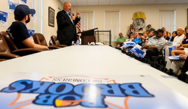 Bob Brooks speaks Wednesday, June 3, 2026, in Whitehall Township during a general election kickoff event for his congressional campaign. Brooks, a Democrat and former Bethlehem firefighter, is challenging Republican Rep. Ryan Mackenzie to represent the Lehigh Valley's 7th District. (April Gamiz/The Morning Call)