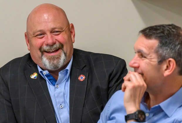 Bob Brooks reacts as Former U.S. Rep. Susan Wild, D-7th District speaks (not shown) Wednesday, June 3, 2026, in Whitehall Township during a general election kickoff event for his congressional campaign. Brooks, a Democrat and former Bethlehem firefighter, is challenging Republican Rep. Ryan Mackenzie to represent the Lehigh Valley's 7th District. (April Gamiz/The Morning Call)