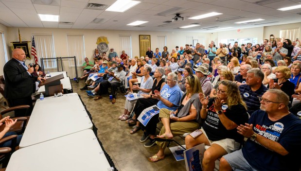 Bob Brooks speaks Wednesday, June 3, 2026, in Whitehall Township during a general election kickoff event for his congressional campaign. Brooks, a Democrat and former Bethlehem firefighter, is challenging Republican Rep. Ryan Mackenzie to represent the Lehigh Valley's 7th District. (April Gamiz/The Morning Call)