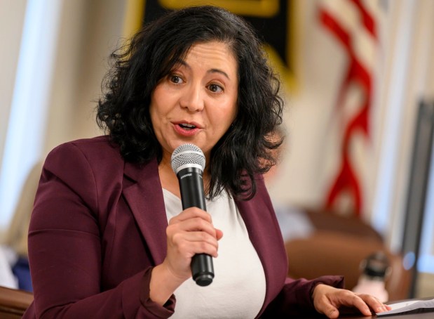 Former candidate Carol Obando-Derstine speaks Wednesday, June 3, 2026, in Whitehall Township during a general election kickoff event for Bob Brooks' congressional campaign. Brooks, a Democrat and former Bethlehem firefighter, is challenging Republican Rep. Ryan Mackenzie to represent the Lehigh Valley's 7th District. (April Gamiz/The Morning Call)