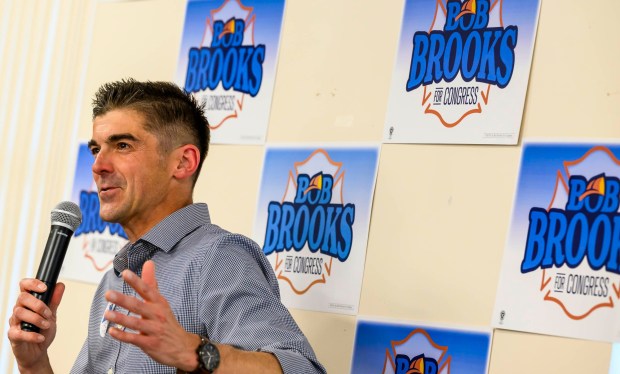 Former candidate Ryan Crosswell speaks Wednesday, June 3, 2026, in Whitehall Township during a general election kickoff event for Bob Brooks' congressional campaign. Brooks, a Democrat and former Bethlehem firefighter, is challenging Republican Rep. Ryan Mackenzie to represent the Lehigh Valley's 7th District. (April Gamiz/The Morning Call)