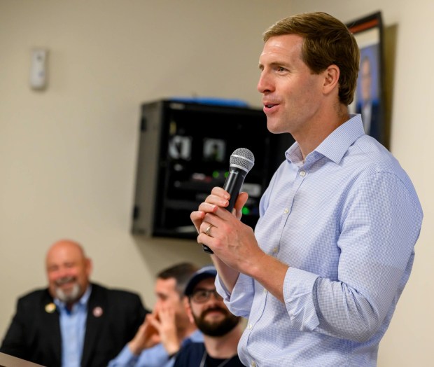 Former U.S. Rep. Conor Lamb speaks Wednesday, June 3, 2026, in Whitehall Township during a general election kickoff event for Bob Brooks' congressional campaign. Brooks, a Democrat and former Bethlehem firefighter, is challenging Republican Rep. Ryan Mackenzie to represent the Lehigh Valley's 7th District. (April Gamiz/The Morning Call)