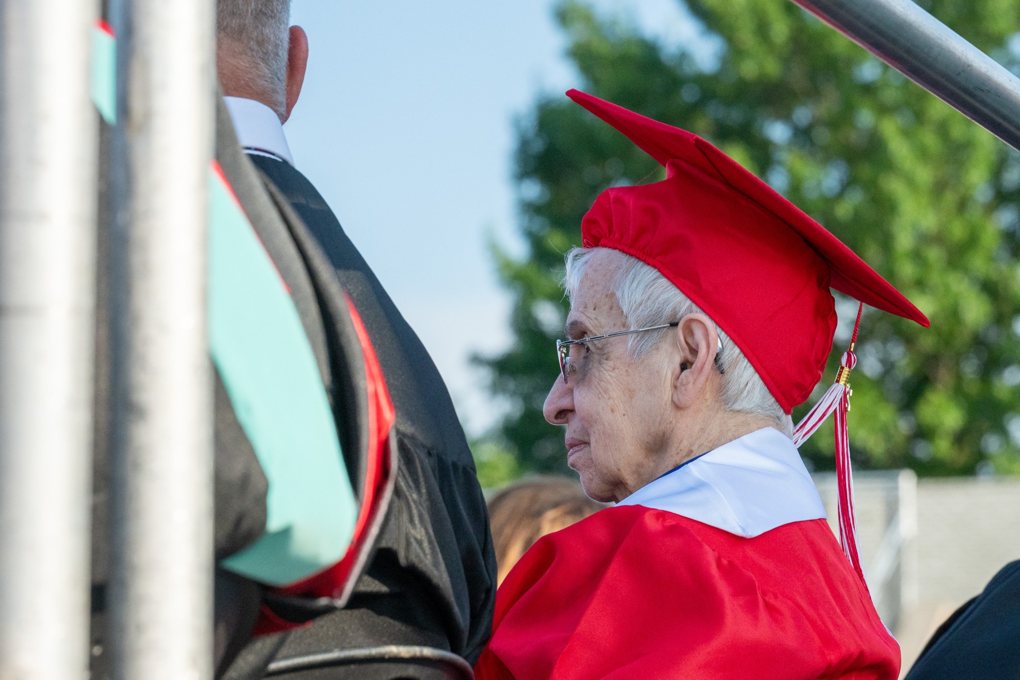 Angelina Loiacono, 100, was awarded an honorary degree Tuesday, June 8th, 2026 during Easton Area High School's graduation. Loiacono, at that time Angelina Moskella, left high school in 1942, when she was 16 years old, to work and support her family, but obtaining a degree was always a dream. (Jonathan Broady/Special to The Morning Call)