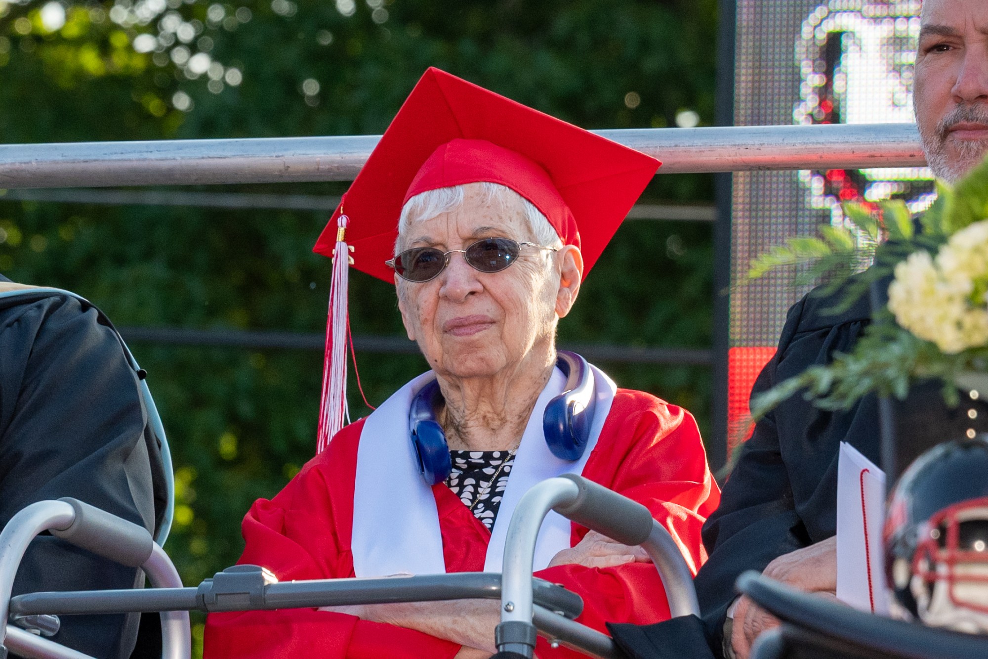 Angelina Loiacono, 100, was awarded an honorary degree Tuesday, June 8th, 2026 during Easton Area High School's graduation. Loiacono, at that time Angelina Moskella, left high school in 1942, when she was 16 years old, to work and support her family, but obtaining a degree was always a dream. (Jonathan Broady/Special to The Morning Call)