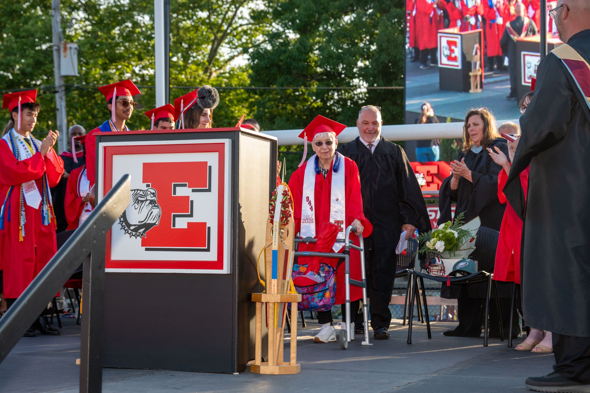 Angelina Loiacono, 100, was awarded an honorary degree Tuesday, June 8th, 2026 during Easton Area High School's graduation. Loiacono, at that time Angelina Moskella, left high school in 1942, when she was 16 years old, to work and support her family, but obtaining a degree was always a dream. (Jonathan Broady/Special to The Morning Call)