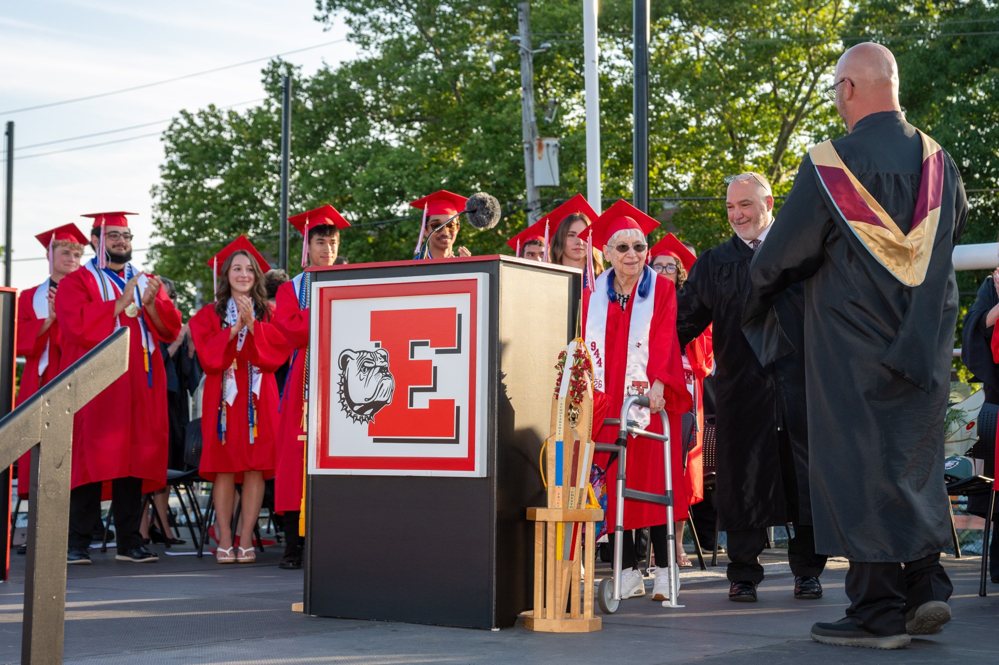 Angelina Loiacono, 100, was awarded an honorary degree Tuesday, June 8th, 2026 during Easton Area High School's graduation. Loiacono, at that time Angelina Moskella, left high school in 1942, when she was 16 years old, to work and support her family, but obtaining a degree was always a dream. (Jonathan Broady/Special to The Morning Call)