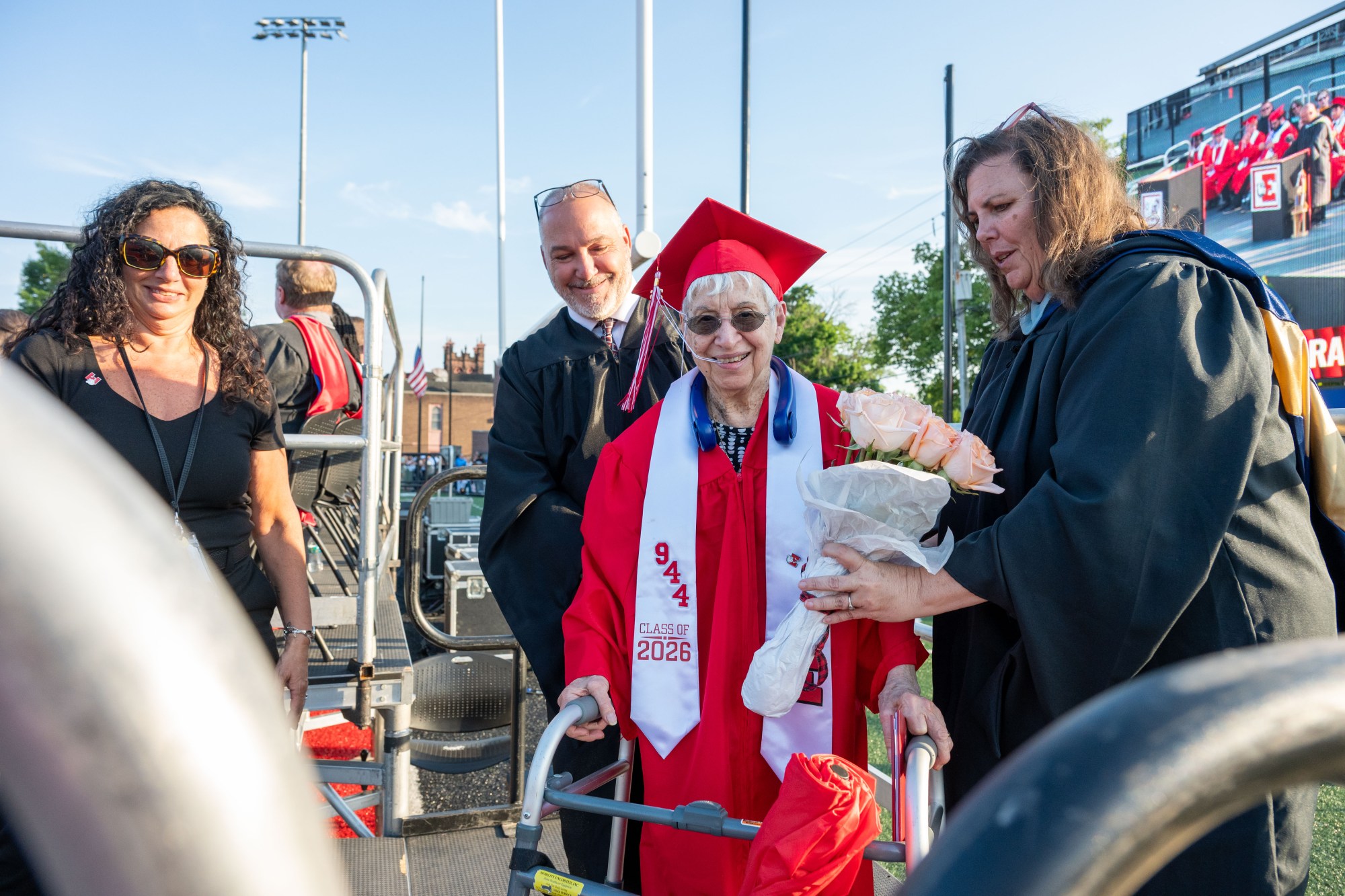 Angelina Loiacono, 100, was awarded an honorary degree Tuesday, June 8th, 2026 during Easton Area High School's graduation. Loiacono, at that time Angelina Moskella, left high school in 1942, when she was 16 years old, to work and support her family, but obtaining a degree was always a dream. (Jonathan Broady/Special to The Morning Call)