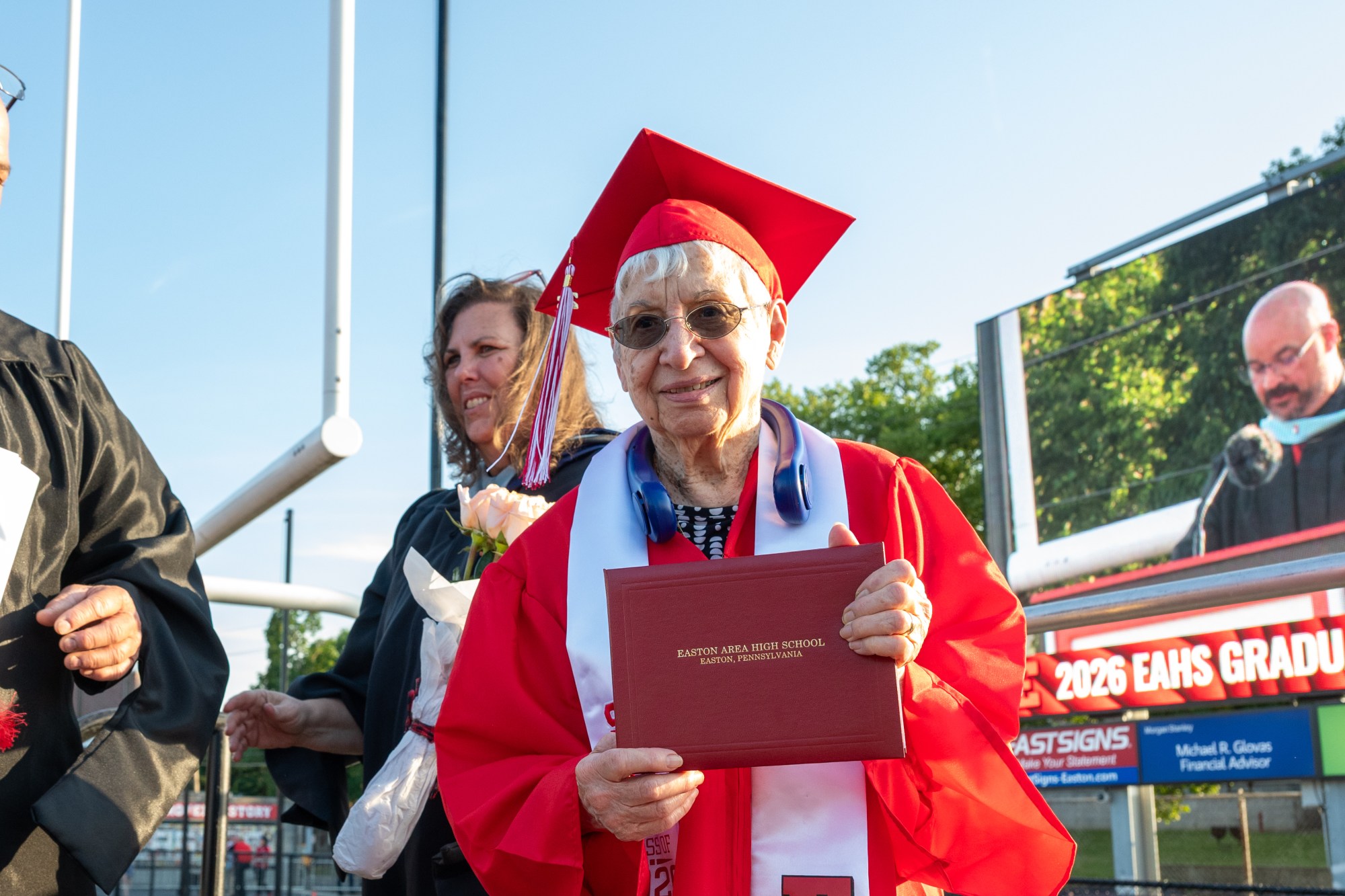 Angelina Loiacono, 100, was awarded an honorary degree Tuesday, June 8th, 2026 during Easton Area High School's graduation. Loiacono, at that time Angelina Moskella, left high school in 1942, when she was 16 years old, to work and support her family, but obtaining a degree was always a dream. (Jonathan Broady/Special to The Morning Call)