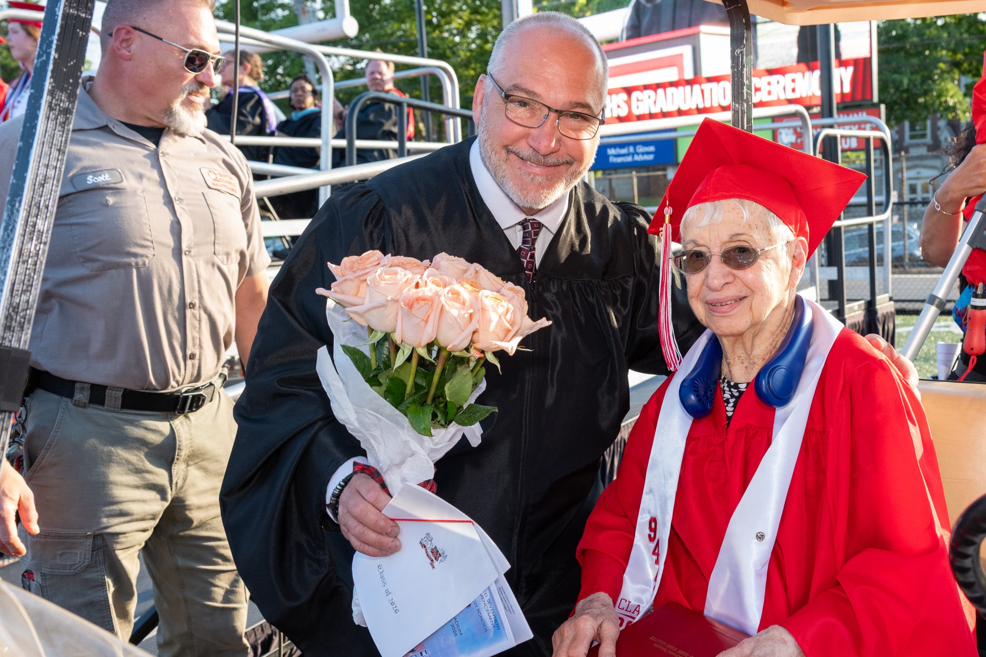 Angelina Loiacono, 100, was awarded an honorary degree Tuesday, June 8th, 2026 during Easton Area High School's graduation. Loiacono, at that time Angelina Moskella, left high school in 1942, when she was 16 years old, to work and support her family, but obtaining a degree was always a dream. (Jonathan Broady/Special to The Morning Call)