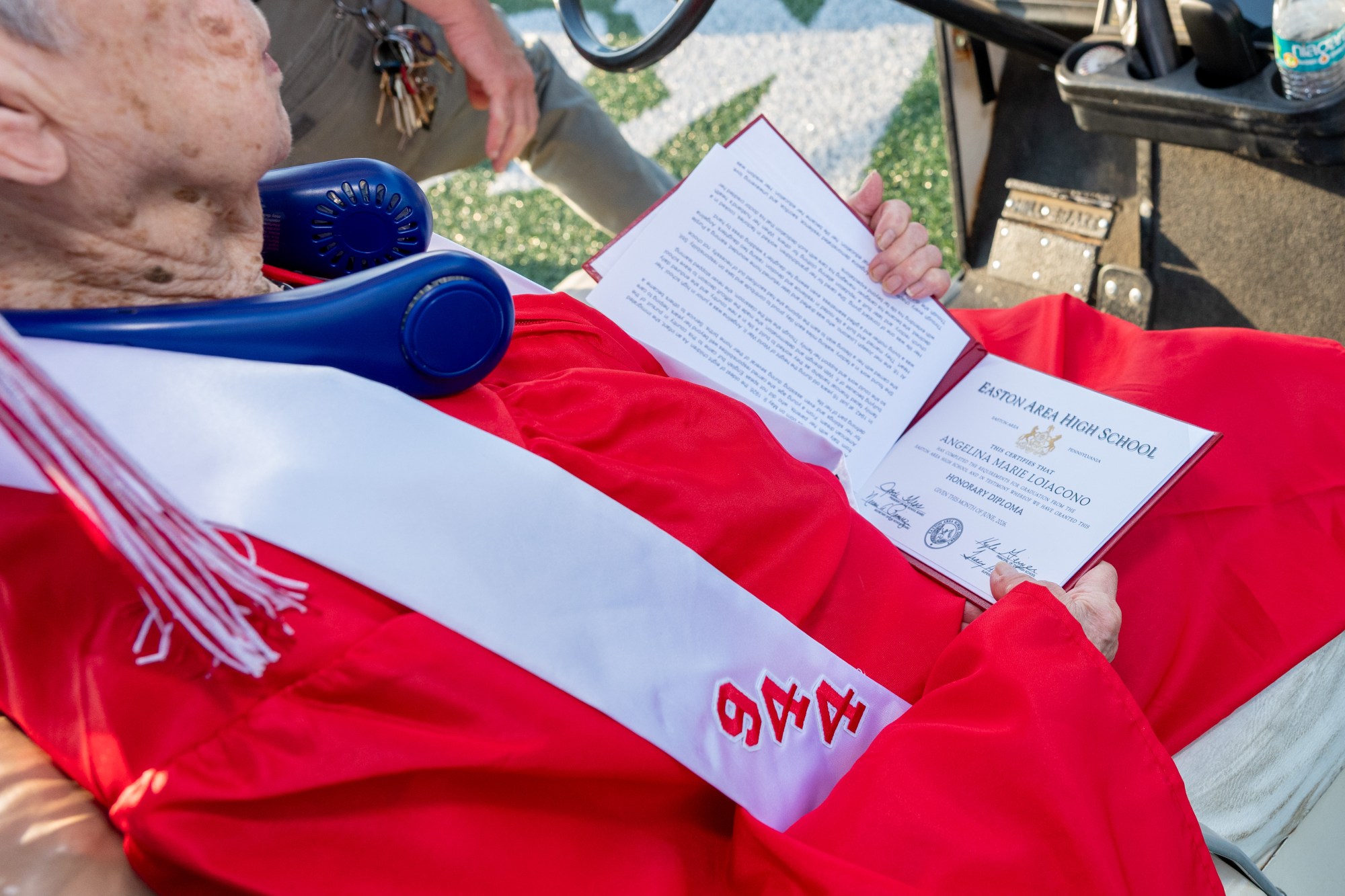 Angelina Loiacono, 100, was awarded an honorary degree Tuesday, June 8th, 2026 during Easton Area High School's graduation. Loiacono, at that time Angelina Moskella, left high school in 1942, when she was 16 years old, to work and support her family, but obtaining a degree was always a dream. (Jonathan Broady/Special to The Morning Call)