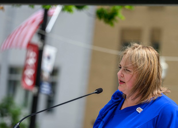 Lehigh Valley 250's Jessica Edris, speaks during a Thursday, May 28, 2026, news conference in Easton. The organization announced it would receive support from the Pennsylvania Tourism Office for regional programming tied to the 250th anniversary of the founding of the United States. (April Gamiz/The Morning Call)