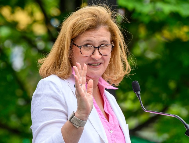 Lafayette College President Nicole Hurd speaks during a Thursday, May 28, 2026, news conference in Easton hosted by Lehigh Valley 250. The organization announced it would receive support from the Pennsylvania Tourism Office for regional programming tied to the 250th anniversary of the founding of the United States. (April Gamiz/The Morning Call)