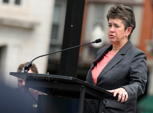 Kassie Hilgert, president and CEO of ArtsQuest, speaks during a Thursday, May 28, 2026, news conference in Easton hosted by Lehigh Valley 250. The organization announced it would receive support from the Pennsylvania Tourism Office for regional programming tied to the 250th anniversary of the founding of the United States. (April Gamiz/The Morning Call)