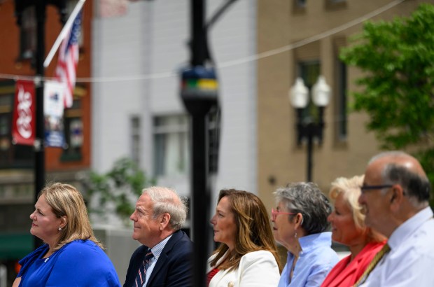 Local leaders sit together during a Thursday, May 28, 2026, news conference in Easton hosted by Lehigh Valley 250. The organization announced it would receive support from the Pennsylvania Tourism Office for regional programming tied to the 250th anniversary of the founding of the United States. (April Gamiz/The Morning Call)
