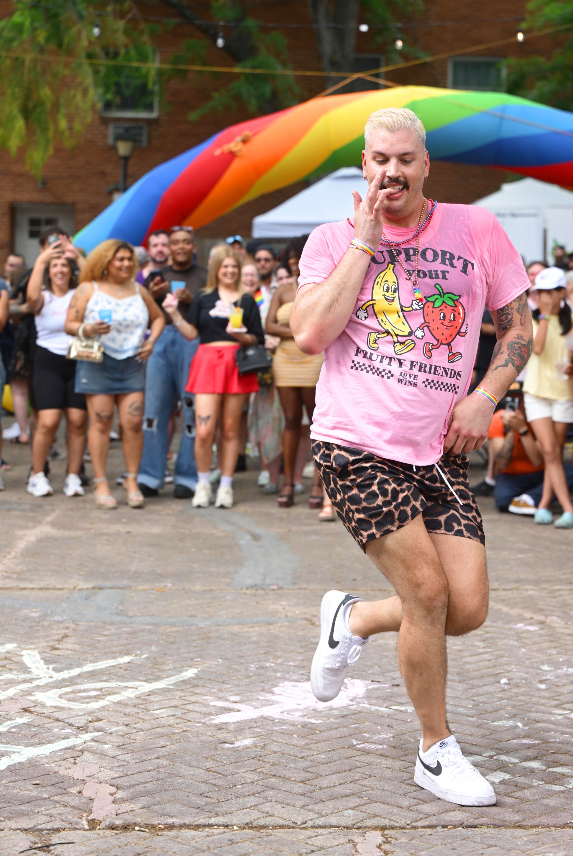 Scottie "Prime" Tocci dances and entertains attendees Sunday, June 14, 2026, at Pride Party Palooza at the Sun Inn in Bethlehem. Tocci is the event's organizer and hosted throughout the afternoon. Pride Party Palooza benefits the Eastern Pa Trans Equity Project. (Monica Cabrera/The Morning Call)
