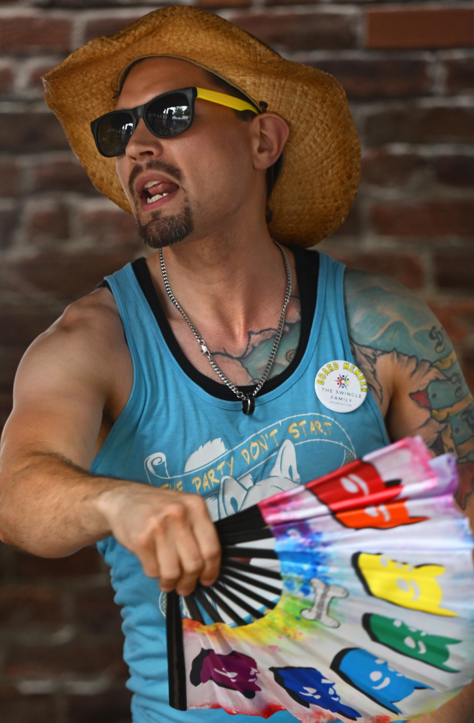 Steven Martinez,of Easton, an event coordinator for Studio DNA, sings and dances to the music Sunday, June 14, 2026, at Pride Party Palooza event at the Sun Inn in Bethlehem. (Monica Cabrera/The Morning Call)