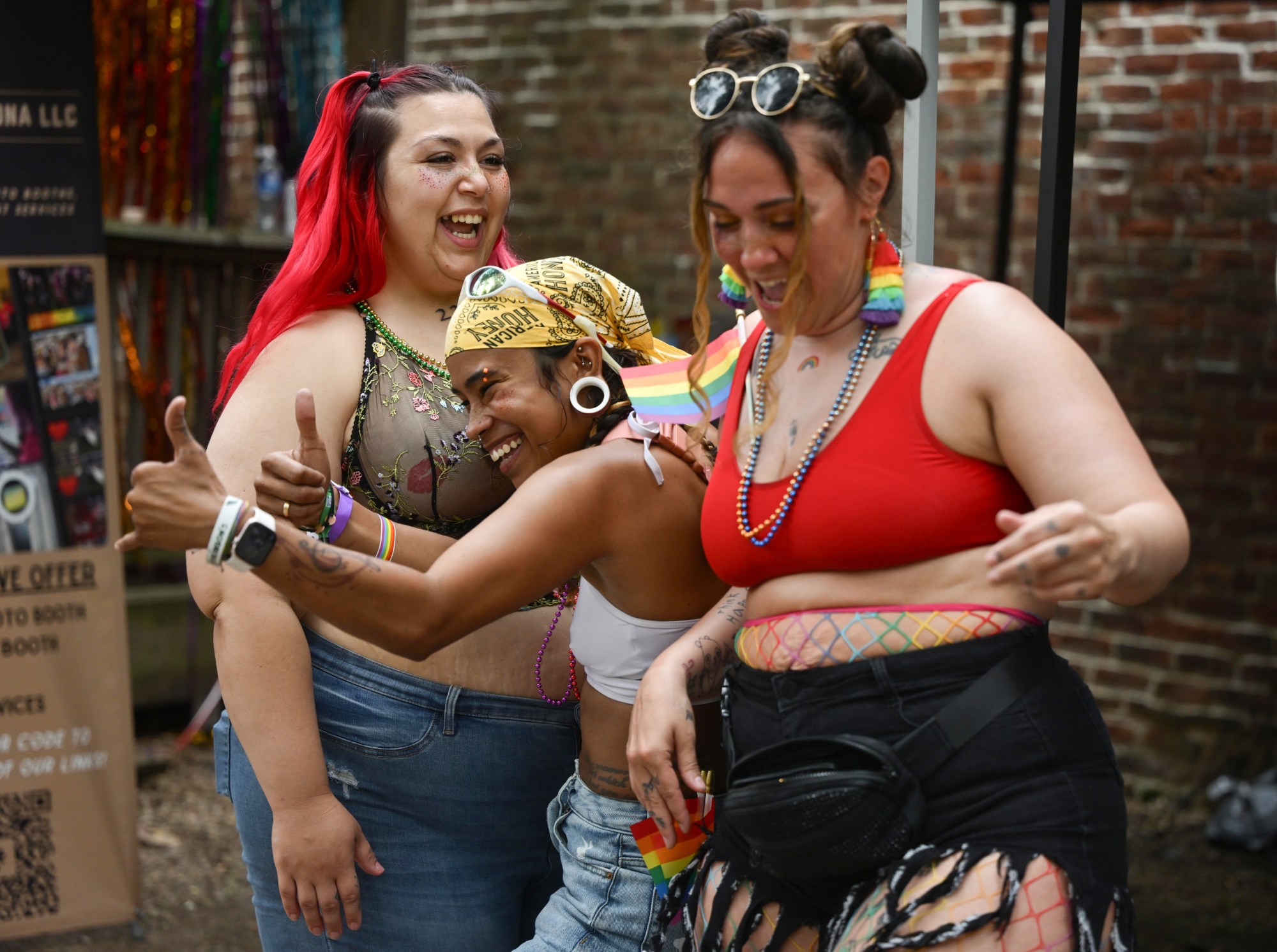 Nicole Casey, left to right, Gabriella Pastor, and Jessika Nieves, dance Sunday, June 14, 2026, at Pride Party Palooza at the Sun Inn Courtyard in Bethlehem. (Monica Cabrera/The Morning Call)