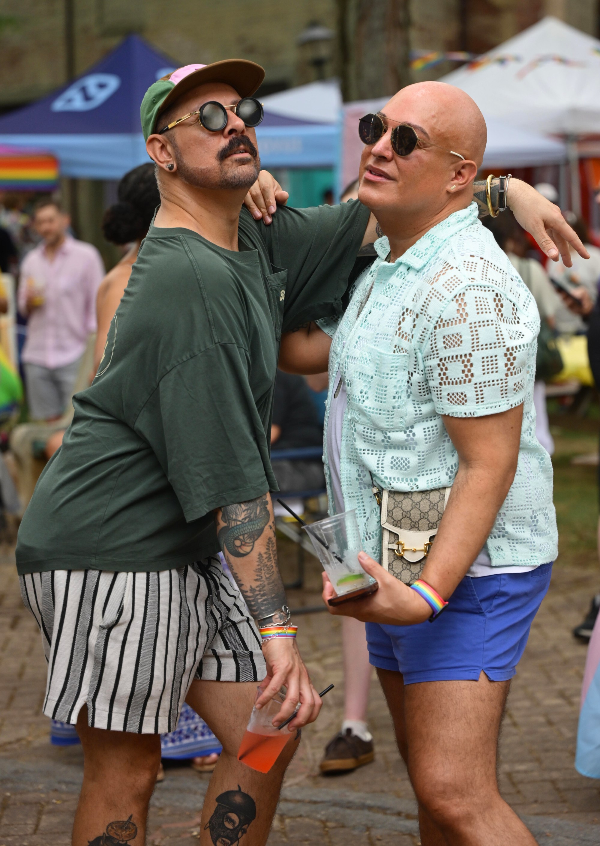 Jesse Turek, and Nehemias Nunez attend Sunday, June 14, 2026, the Pride Party Palooza at the Sun Inn Courtyard in Bethlehem. The afternoon event featured drag performances, music by DJ Brad Scott, vendors, and interactive entertainment. The Pride Party Palooza benefits the Eastern Pa Trans Equity Project. (Monica Cabrera/The Morning Call)