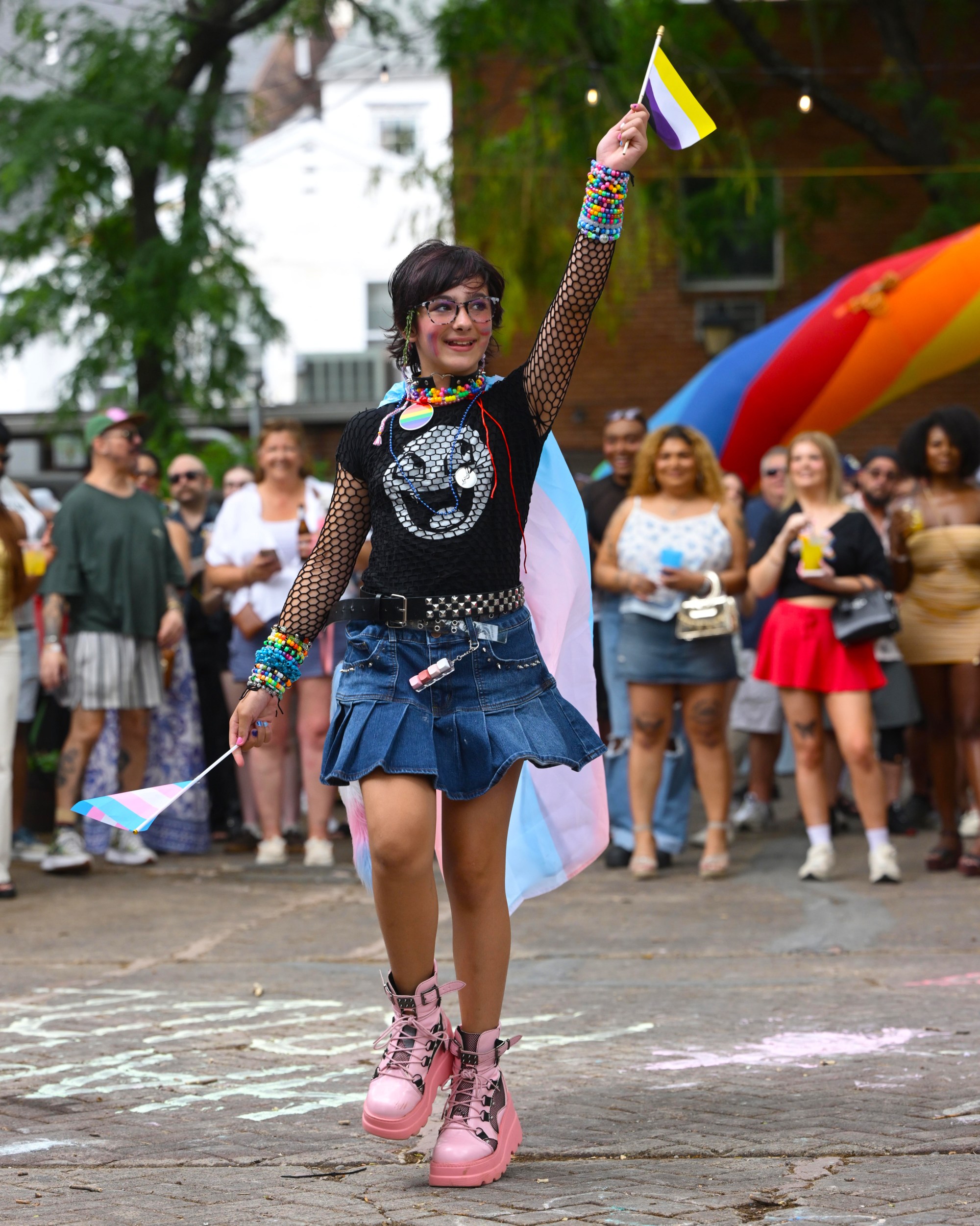 Alesia "Jaden" Hernandez of Hellertown participates Sunday, June 14, 2026, in the walk on the catwalk contest, at the Annual Pride Party Palooza event at the Sun Inn Courtyard in Bethlehem. The afternoon event featured drag performances, music by DJ Brad Scott, vendors, and interactive entertainment. The Pride Party Palooza benefits the Eastern Pa Trans Equity Project. (Monica Cabrera/The Morning Call)