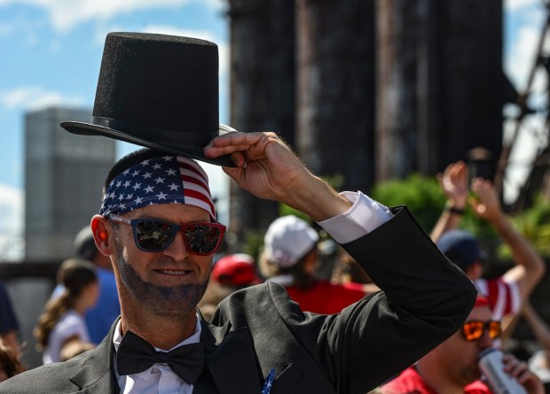 Soccer fan, Scott Bechtel of Emmaus, dressed up as Abraham Lincoln to cheer on the USA as they play Australia on Friday, June 19, 2026, at the Lehigh Valley SoccerFest and Viewing Party at SteelStacks in Bethlehem. (Monica Cabrera/The Morning Call)